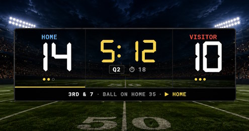 ScoreCounter American football scoreboard with quarter clock, play clock, down and distance, possession and timeouts