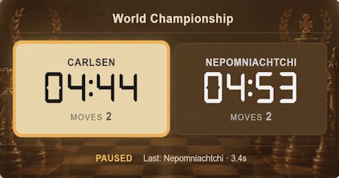 ScoreCounter chess clock with two player timers and a live broadcast link for spectators
