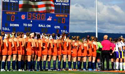 Field hockey scoreboard with halves and cards